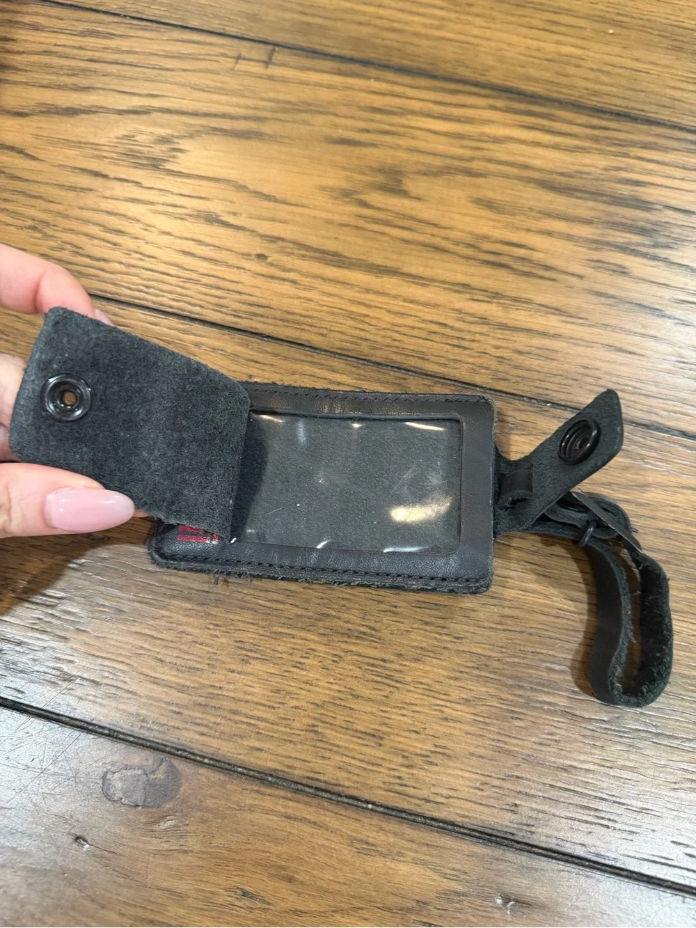 Tumi Black Leather Luggage Tag with Red Logo Accent